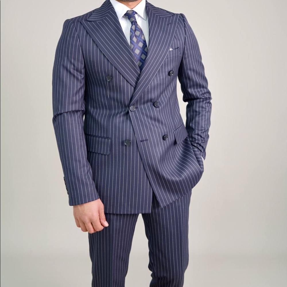 Double breasted blue pinstripe two piece suit